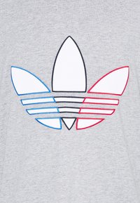 Grå textil med en framträdande logotyp som har tre bladformer i vita, blå och röda konturer, kompletterad med horisontella ränder.