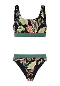 Kvetinový bikiny set s čiernym základom a zelenými akcentmi, so vzorom listov v ružovej a zelenej farbe. Vrchná časť má široké popruhy; spodná časť poskytuje stredné pokrytie.