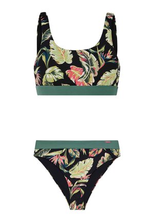 Gėlių bikinio komplektas su juodu pagrindu ir žaliais akcentais, lapų raštai rožinės ir žalios spalvų. Viršus turi plačias petnešas; apatinė dalis suteikia vidutinį aprėptį.