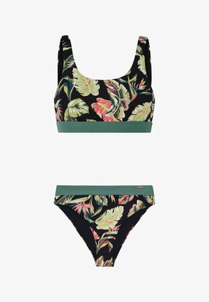 Blumiges Bikini-Set mit schwarzem Grundton und grünen Akzenten, Blattmustern in Pink und Grün. Das Oberteil hat breite Träger; das Unterteil bietet moderate Abdeckung.