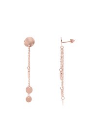 Gli orecchini in oro rosa presentano un perno circolare e catene allungate con due dischi e un accento a forma di foglia, creando un effetto a strati.