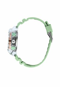 Orologio digitale trasparente con cinturino in silicone verde chiaro, quadrante rotondo e pulsanti circolari in verde abbinato. Dettagli in hardware argentato.