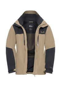 Beige and black waterproof jacket with a hood, double zip, and mesh lining. Features two zippered chest pockets and elastic cuffs.