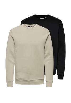 Deux sweat-shirts : un beige, un noir. Tous deux présentent des encolures rondes et des poignets côtelés. Texture de tissu lisse avec un design minimal.