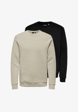 Zwei Sweatshirts: eines in Beige, das andere in Schwarz. Beide haben runde Halsausschnitte und gerippte Bündchen. Glatte Stofftextur mit minimalistischem Design.