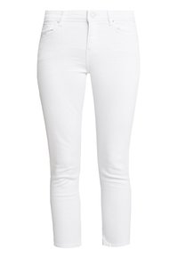Pantaloni in denim bianco dalla silhouette slim e lunghezza alla caviglia. Presentano tasche frontali, chiusura con bottone e una texture liscia e morbida.