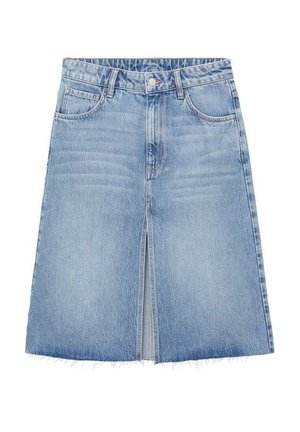 Lyseblå denim midi-nederdel med frontslids, frynset kant og to frontlommer. Har en talje med bæltesløjfer og metalknaplukning.