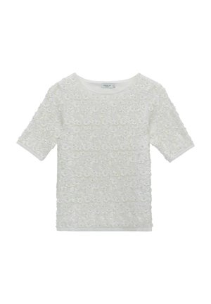 Witte top met korte mouwen en een textuur met bloemenpatroon. Gemaakt van stof met een gladde afwerking, met een ronde halslijn en een relaxte pasvorm.