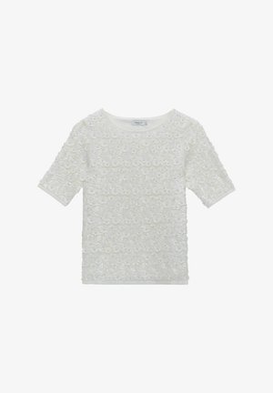 Haut blanc à manches courtes avec un motif floral texturé. Fabriqué dans un tissu à la finition lisse, présentant un col rond et une coupe décontractée.