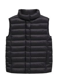 Schwarze Steppweste mit hohem Kragen, horizontal genähtem Futter und zwei seitlichen Taschen. Hergestellt aus leichtem, glänzendem Material.