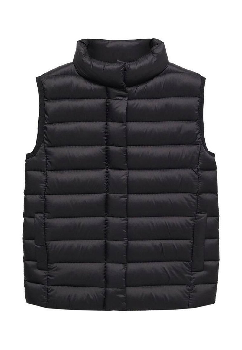 Schwarze Steppweste mit hohem Kragen, horizontal genähtem Futter und zwei seitlichen Taschen. Hergestellt aus leichtem, glänzendem Material.