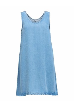 Varrukateta helesinine teksakleit ümar kaelusega ja sirge põlvpikkusega lõikega, valgel taustal.