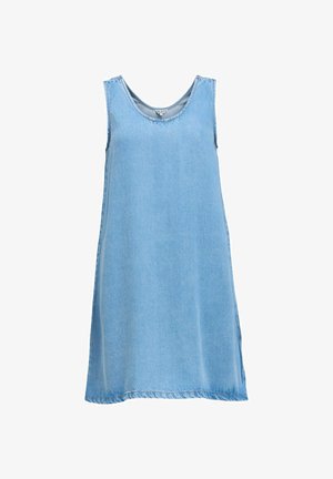 Varrukateta helesinine teksakleit ümar kaelusega ja sirge põlvpikkusega lõikega, valgel taustal.