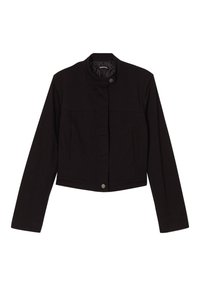 Black cropped jacket with a stand-up collar, featuring two front pockets and snap-button closure. Made from a smooth, durable fabric.