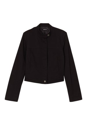Black cropped jacket with a stand-up collar, featuring two front pockets and snap-button closure. Made from a smooth, durable fabric.
