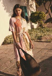 Next SHORT SLEEVE TIE WAIST MIDI - Paitamekko - cream palm print
