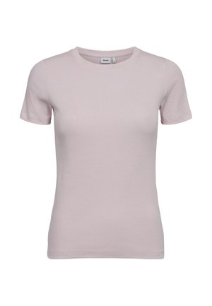 T-shirt à rayures rose clair avec col rond et manches courtes. Fabriqué dans un matériau doux et extensible, présentant une silhouette ajustée et sans motifs.