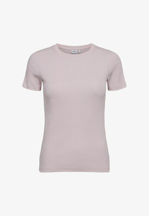 Világos rózsaszín, bordás póló kerek nyakkivágással és rövid ujjakkal. Puha, rugalmas anyagból készült, testhezálló fazonnal, minta nélküli.