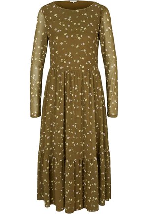 Langærmet kjole i olivengrøn med et blomsterprint med pastelfarver, et tætsiddende liv og en udvidet, lagdelt nederdel.