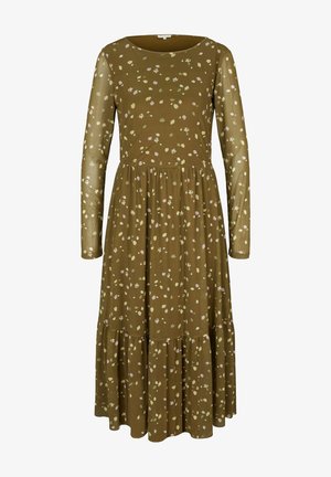 Jurk met lange mouwen in olijfgroen, met een bloemmotief met pastelaccenten, een aansluitend lijfje en een uitlopende, gelaagde rok.