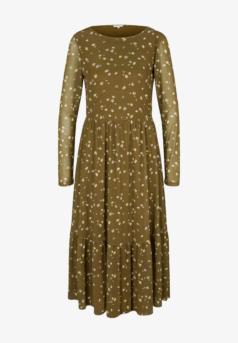 Robe à manches longues de couleur vert olive, arborant un motif floral avec des accents pastel, un corsage ajusté et une jupe évasée à volants.