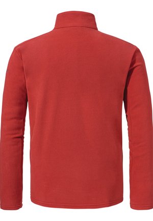 Rote Fleecejacke mit hohem Kragen, langen Ärmeln und glatter Textur. Verfügt über minimale Nähte und keine sichtbaren Metallteile.