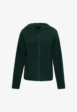 Veste zippée en polaire vert foncé avec une fermeture éclair à l'avant, des manches longues et une capuche spacieuse. Texture douce sans motifs ni embellissements visibles.