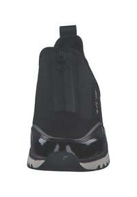Scarpe nere slip-on con chiusura a zip, dotate di una punta lucida in vernice e una tomaia in tessuto testurizzato, e una suola ammortizzata per il comfort.