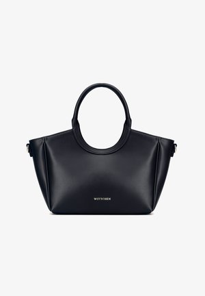 Černá kožená kabelka s zaoblenými držadly, tvaru trapezu a logem "Wittchen" v zlatém písmu uprostřed přední strany.