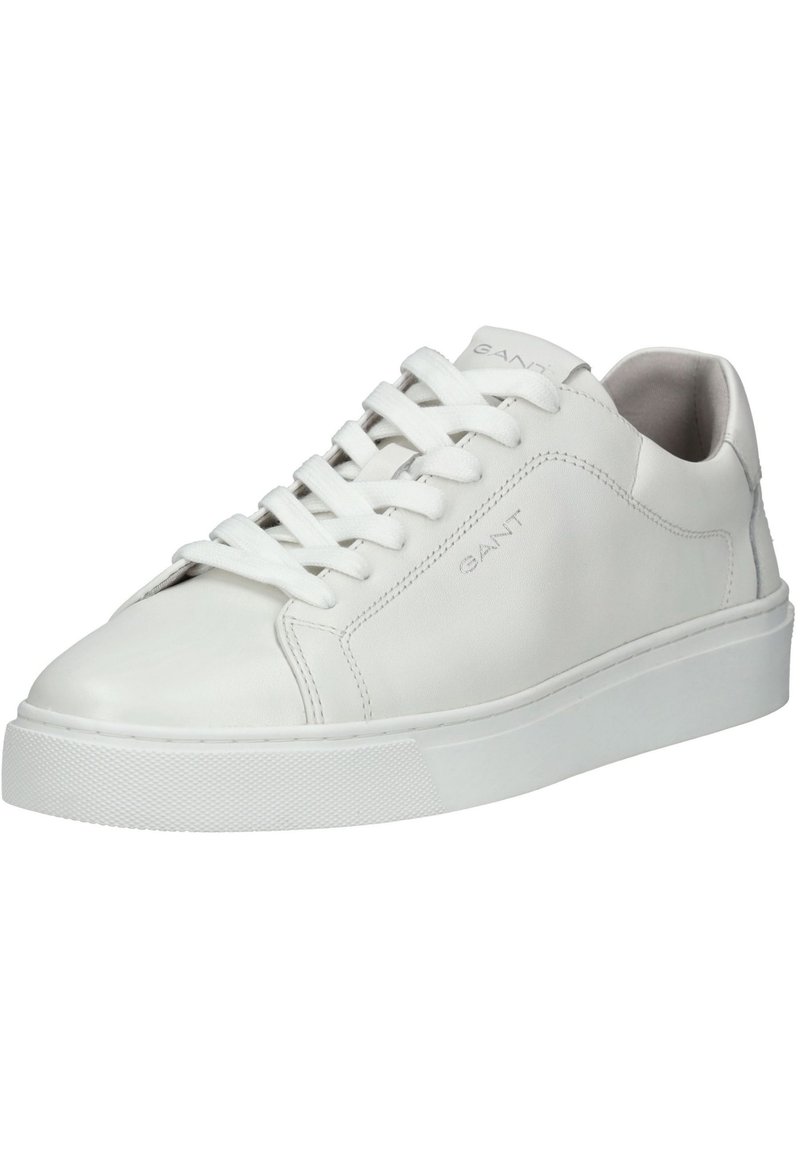 Vita läder sneakers med en slät yta, platt gummisula och platta snören. Har stickade detaljer och en diskret logotyp på sidan.