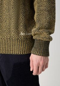 Sweter dziany w zielono-złotym wzorze jodełki z prążkowanymi mankietami. Charakteryzuje się fakturowaną tkaniną i małym haftowanym detalem na dole.