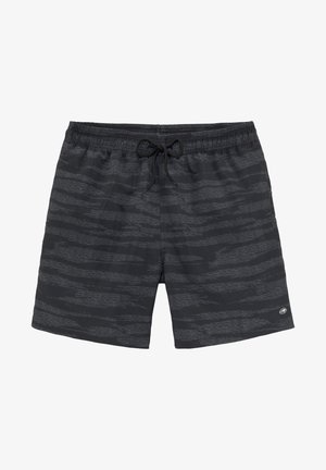 Black swim shorts with a textured, striped pattern. Features an elastic waistband with a drawstring and a small logo on the bottom right.