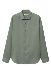 Groene lange mouwen knoopshirt, gemaakt van een gladde stof, met een puntige kraag en zwarte plastic knopen aan de voorkant en bij de manchetten.