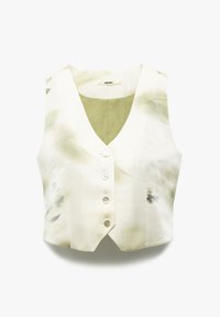 Weißes Oberteil mit V-Ausschnitt, das grüne Aquarellmuster aufweist, fünf Knopfverschlüsse hat und eine glatte, leicht glänzende Textur besitzt.