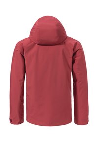 Rote wasserdichte Jacke mit Kapuze, verfügt über eine glatte Textur, lange Ärmel und ein minimalistisches Design. Keine sichtbaren Beschläge oder Akzente.