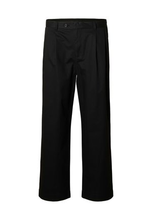 Pantaloni neri con design a gamba dritta, realizzati in tessuto testurizzato, dotati di chiusura con bottone e pieghe frontali per un look sartoriale.