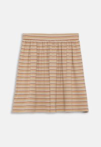 Stripet skjørt i krem, oransje og gul. Laget av ribbet stoff med elastisk midjebånd og rynkedetaljer.
