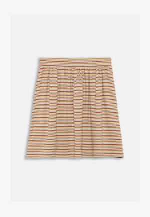 Saia riscada em creme, laranja e amarelo. Feita de tecido canelado com cintura elástica e detalhes franzidos.