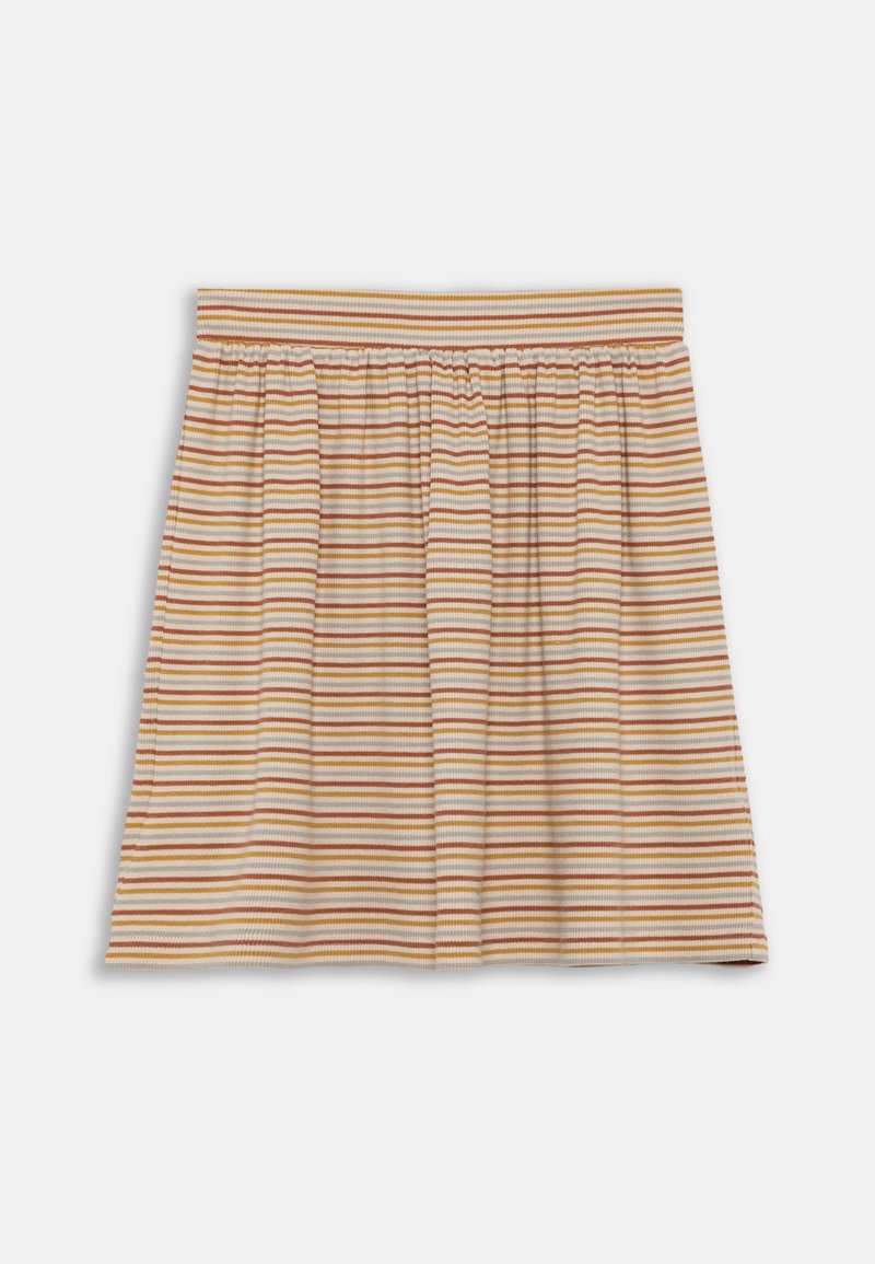 Stripet skjørt i krem, oransje og gul. Laget av ribbet stoff med elastisk midjebånd og rynkedetaljer.