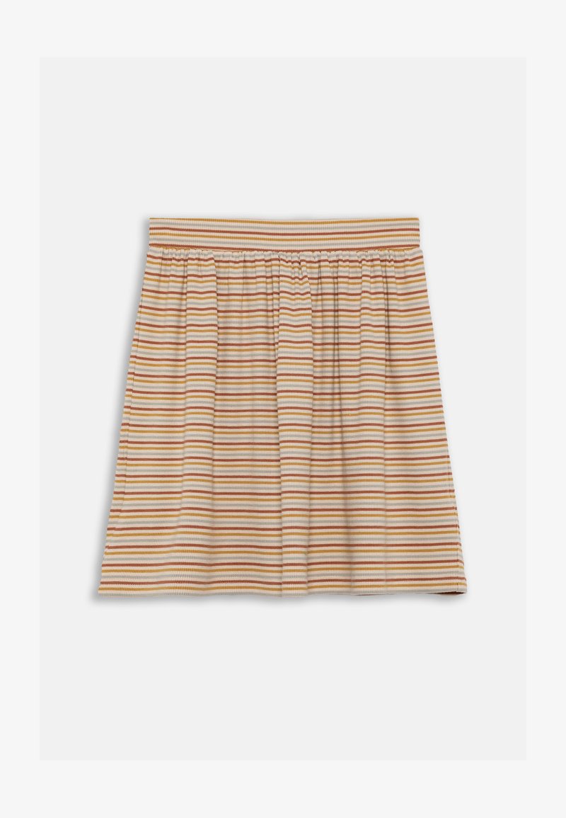 Pruhovaná sukňa v krémovej, oranžovej a žltej farbe. Vyrobená z rebrovanej látky s elastickým pásom a zberaním.