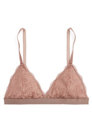 Kanten bralette in stofroze met zachte driehoekige cups, verstelbare bandjes en een soepele elastische band. Fijne kanten details over de hele bh.