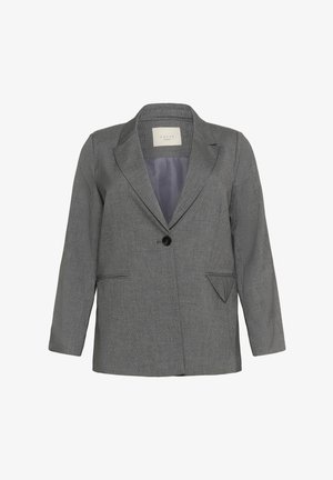 Grå randig blazer med slagkrage, enkel knäppning, två framfickor och en slät inredning.