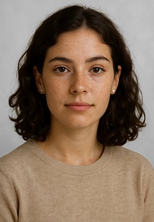 Ritratto di una persona con capelli ricci scuri e pelle chiara, che indossa un maglione beige e piccoli orecchini triangolari, su uno sfondo neutro.