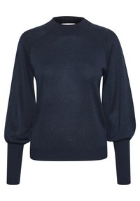 Granatowy dziany sweter z wysokim kołnierzem, rękawami raglanowymi oraz ściągaczami na mankietach. Charakteryzuje się miękką fakturą, luźnym krojem i rękawami w stylu balonowym.