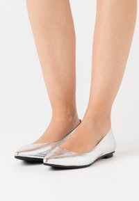 Stříbrné ploché boty s špičatou špičkou, vyrobené z texturovaného metalického materiálu, s nízkým podpatkem a hladkým vnitřkem.
