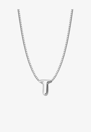 Ezüst lánc nyaklánc T-alakú medállal, polírozott felülettel, sima textúrával és modern formatervezési elemekkel.