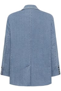 Denim jacket in light blue, featuring a notch collar, long sleeves, back vent, and buttoned cuffs. Smooth texture with a relaxed fit.