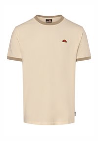 T-shirt beige a maniche corte, con colletto e polsini a coste marroni in contrasto, con un piccolo logo arancione ricamato sul petto.