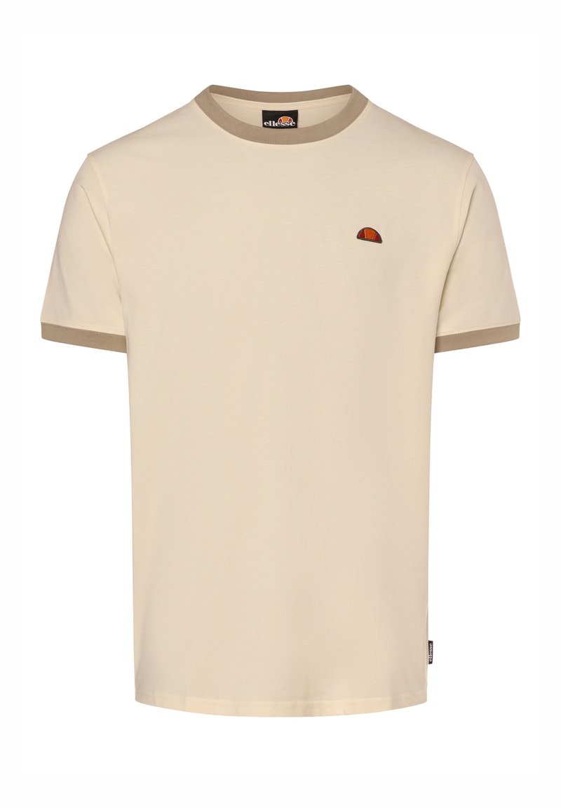 T-shirt beige a maniche corte, con colletto e polsini a coste marroni in contrasto, con un piccolo logo arancione ricamato sul petto.