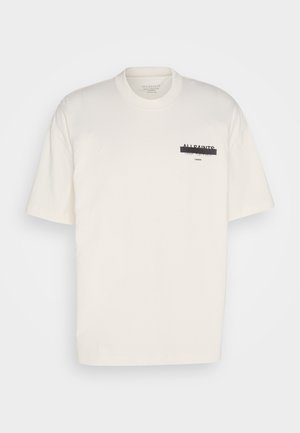 White cotton t-shirt with short sleeves, crew neckline, and a black graphic print on the left chest featuring the brand name "All Saints."